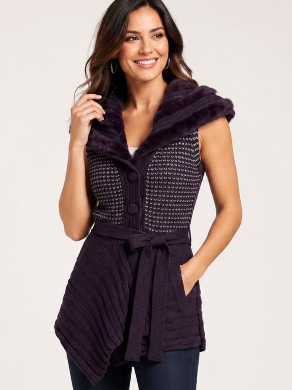 Talie Violet Gray Wool Faux Fur Sleeveless Cardigan L/XL